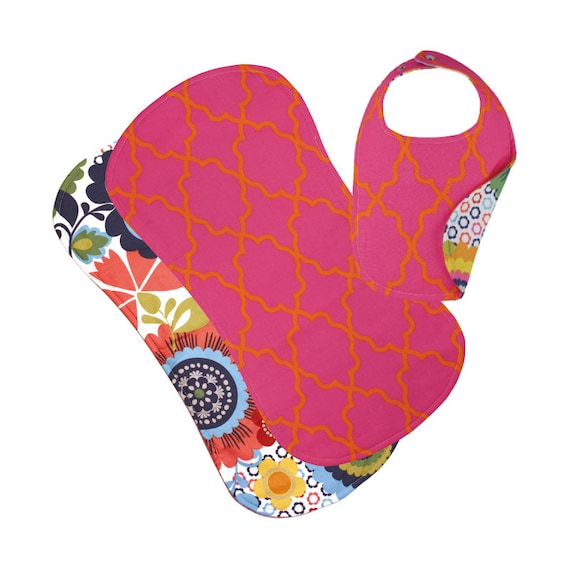 Reversible Phoebe Bib and Burp Cloth Gift Set, Serendipity/Orange Hex