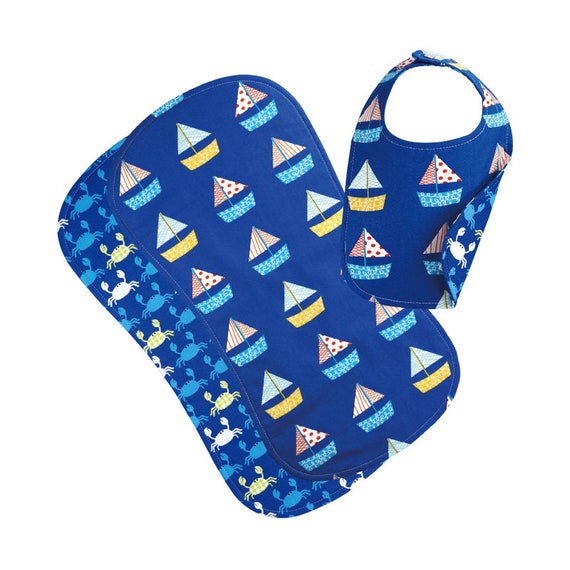 Reversible Phoebe Bib and Burp Cloth Gift Set, Sail Boat/Crab