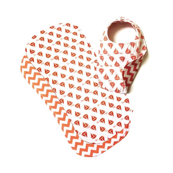 Reversible Phoebe Bib and Burp Cloth Gift Set, Sail Boat/Orange Chevron