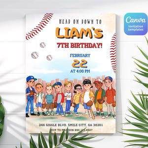 May include: A baseball-themed birthday invitation featuring a cartoon illustration of a group of boys wearing baseball caps and holding baseball bats and gloves. The invitation is for Liam's 7th birthday party on 22nd February at 4:00 PM. The invitation includes the address 246 Giggle Blvd, Smile City, GA 30301 and an RSVP number 890.123.4567.