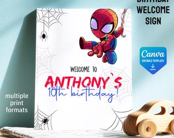 Spidey friends welcome in, Spidey welcome sign, printable editable Spider-Verse Party decoration template, Gwen Ghost welcome template