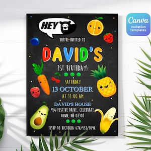 May include: A colorful chalkboard style invitation for a 1st birthday party. The invitation features a cartoon bear, fruit, and vegetables. The text reads "Hey, You're invited to David's 1st Birthday! Saturday, 13 October at 11:00 AM, David's House, 456 Festive Drive, Celebrate Town, NH 03301, RSVP to Victoria 678/432/1098".