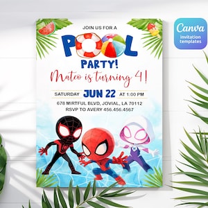 May include: A white invitation for a pool party with the text "POOL PARTY!" and "Mateo is turning 4!". The invitation includes the date, time, and RSVP information. The design features cartoon characters and summer-themed illustrations.