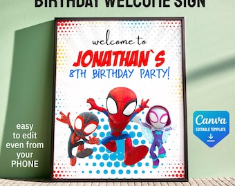 Spidey friends welcome in, Spidey welcome sign, printable editable Spider-Verse Party decoration template, Gwen Ghost welcome template