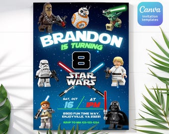 May include: A Star Wars themed birthday invitation featuring Lego-style characters including Chewbacca, BB-8, Yoda, a Stormtrooper, Luke Skywalker, Obi-Wan Kenobi, and Darth Vader. The text reads Brandon is turning 8, Star Wars, Sat, Oct 16 at 1pm.