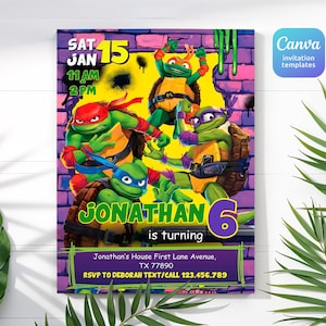 May include: A rectangular birthday invitation card featuring four Teenage Mutant Ninja Turtles characters against a purple brick wall background. The text reads: SAT JAN 15, 11 AM 2 PM, JONATHAN 6 is turning, Jonathan's House First Lane Avenue, TX 77890.