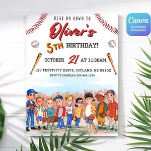 May include: A baseball-themed birthday party invitation featuring a cartoon illustration of a group of boys playing baseball. The invitation is for Oliver's 5th birthday party on 21st October at 11:30 AM. The address is 123 Festivity Drive, Joyland, NE 68102. RSVP to Isabella at 555.444.1234.