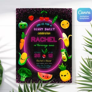 Invito di compleanno con frutta danzante, invito stampabile hey, modello di invito per feste kawaii, invito modificabile, compleanno di ragazzo e ragazza, primo secondo