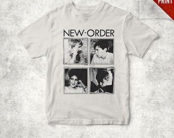 May include: White t-shirt featuring the band name "NEW ORDER" above four black and white portrait images. The shirt has short sleeves and a crew neck. The words "HIGH QUALITY PRINT" are in the upper right corner.