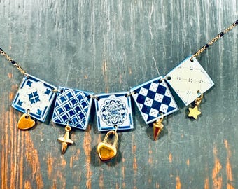 Portuguese Tile Necklace Blue and White, Lisbon Inspired Azulejo Jewelry, Handmade Gift - Helena