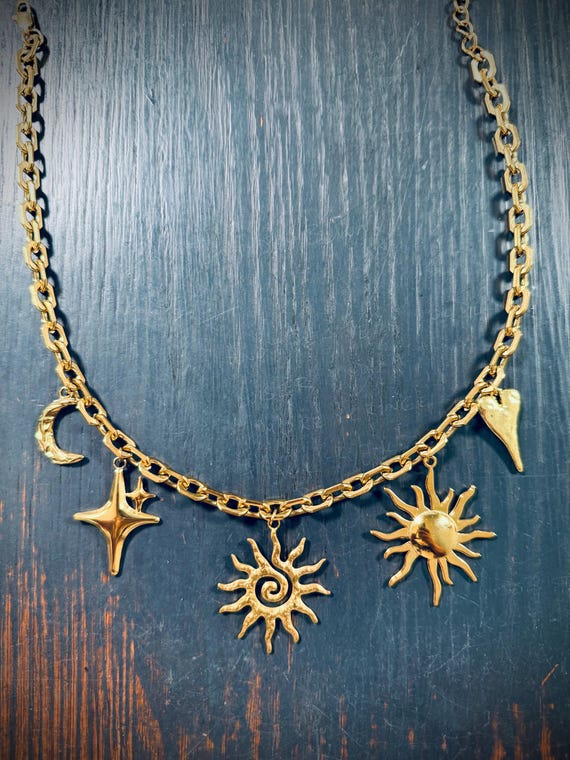 Celestial Moon Star Necklace on Gold Hydro Rosary Chain — Selene