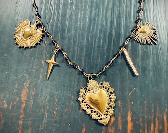 Gold Sacred Heart Charm Necklace, Ornate Milagro Spiritual Jewelry, Handmade Statement Necklace Gift for Her - Ismeria