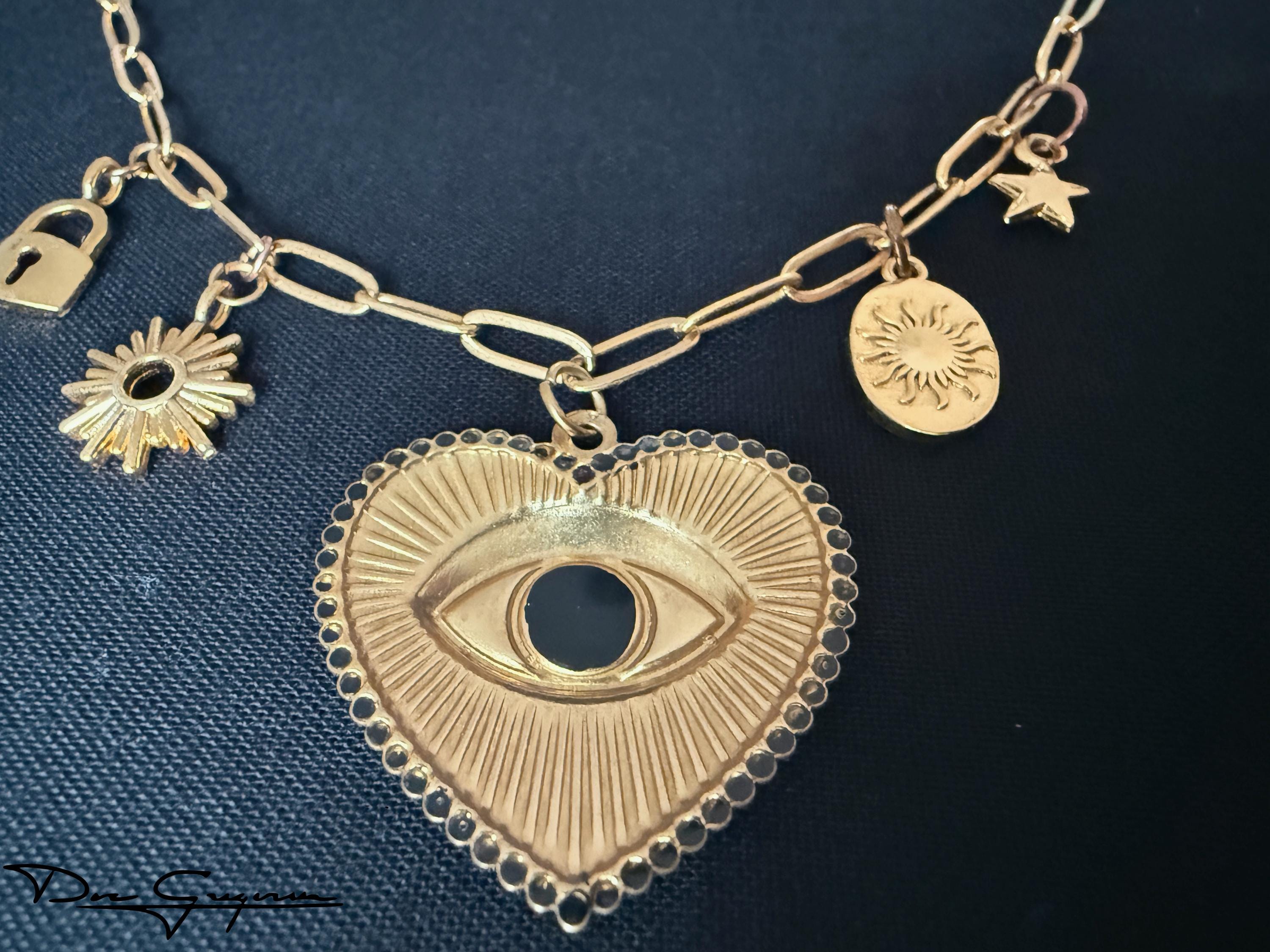 Eva - Gold Paperclip Chain Layering Necklace With Charms and Heart ...
