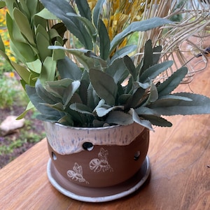 May include: A round terracotta planter with a white glazed rim and a matching saucer. The pot features small circular cutouts near the top and white line-art illustrations of two bees on the side, containing a variety of green and yellow faux plants.