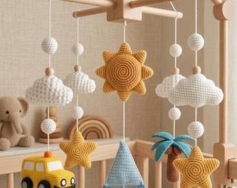 Gehäkeltes Baby Mobile, Holzbett Mobile mit Sonne Wolken Sternen Bootsauto und Palme, Boho Kinderzimmer Dekor für Neugeborenen-Babypartygeschenk