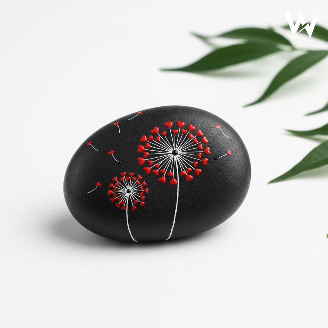Painted Rocks Dandelion Hand Painted Heart Dandelion Rock Art, Romantic Love Pebble Painting ...