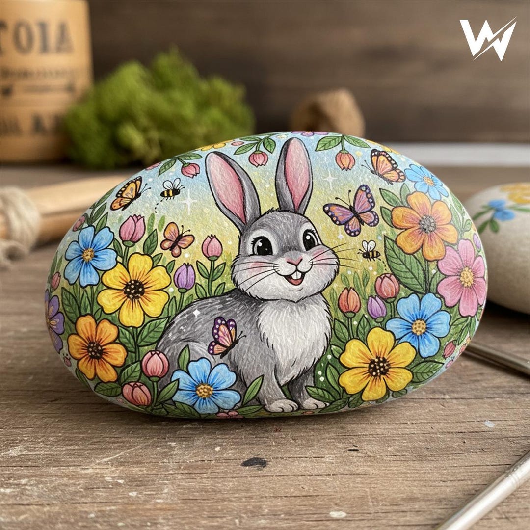 Easter Bunny Painted Rock, Cute Spring Flower Pebble Art, Handmade ...