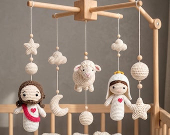 Móvil de cuna de ganchillo con figura de Jesús y cordero, decoración para la habitación del bebé, móvil cristiano hecho a mano con luna, estrellas y nubes, regalo para bautizo o baby shower.
