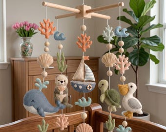 Custom Animal Ocean Baby Mobile, Felt Sea Crib Mobile with Whale Turtle Otter Pelican, Nautical Nursery Decor, Baby Shower Gift Newborn