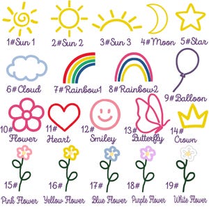 May include: A set of 19 colorful illustrations featuring various shapes and designs, including a sun, moon, star, cloud, rainbow, balloon, flower, heart, smiley face, butterfly, and crown. The illustrations are numbered 1 through 19.