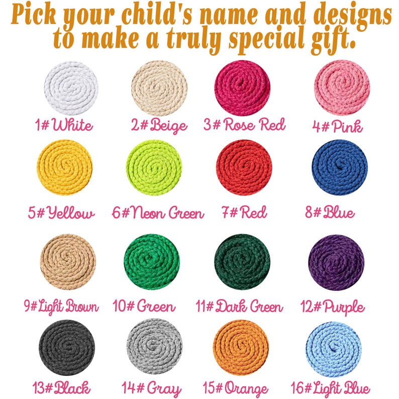 May include: A chart of 16 different colors of rope, each with a number and name. The colors are white, beige, rose red, pink, yellow, neon green, red, blue, light brown, green, dark green, purple, black, gray, orange, and light blue.