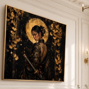May include: A large framed artwork depicting a woman in a traditional Japanese kimono holding a sword. The artwork features a gold halo and gold floral accents against a dark background. The artwork is displayed in a modern living room.