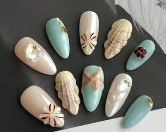 Seashell Press On Nails Powder Blue 3D Starfish & Shell Design Chrome Finish Handmade Reusable Summer Nail Set for Beach Vacation Accessory
