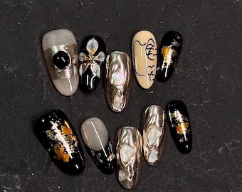 Medium Oval Press On Nails Mother of Pearl Champagne Nail White 3D Floral Chrome Nail Black French Tip Elegant Nails for Fall or Winter Gift