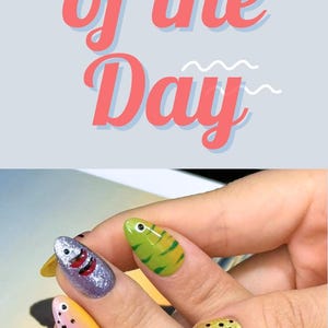 May include: A collection of colorful, fish-themed nail art designs. Each nail features a unique fish design with details like scales, eyes, and fins. The text "Catch of the Day" is displayed in a playful font.