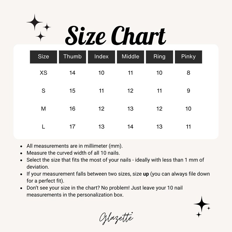 May include: A size chart for nails, with measurements in millimeters. The chart includes sizes XS, S, M, and L, with corresponding thumb, index, middle, ring, and pinky measurements. Instructions are included for measuring nails and selecting the correct size.