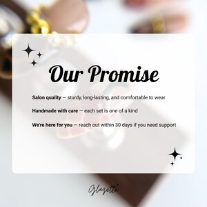 May include: A white card with the text "Our Promise" and the Glazette logo. The text describes the product as salon quality, handmade, and offers customer support within 30 days. Decorative star shapes are in the corners.