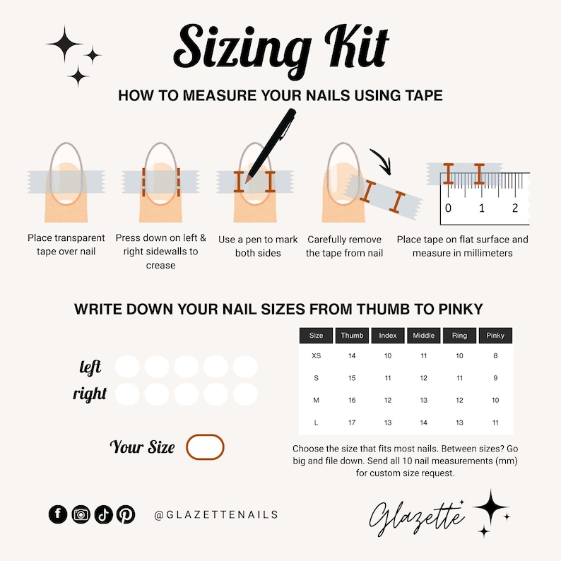 Pu&ograve; includere: Una guida al kit di dimensionamento in bianco e nero con istruzioni su come misurare le unghie con il nastro adesivo. La guida include diagrammi, una tabella delle taglie delle unghie e il testo "Glazette Nails".