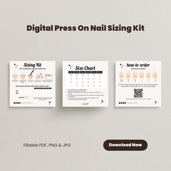 Digital Press On Nail Size Chart Fillable pdf png jpg Printable Guide for Measuring Nail Size at Home DIY Kit Share with Friends and Family