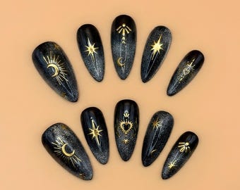 Ethereal Night Press On Nails: Deep Midnight Blue Cat Eye with Gold Celestial Motifs, Medium Almond Shape, Handmade & Reusable