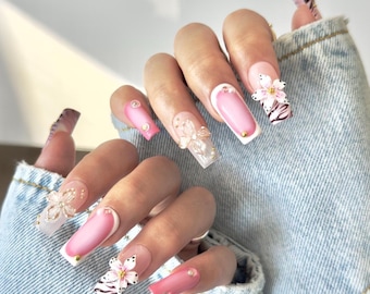Zebra Print Press On Nail Looks Like Acrylics Long Square Pink Aura French Tip with 3D Floral Statement Set for Vacation or Girls Night