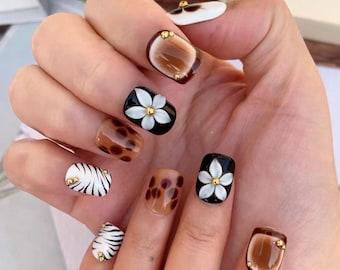 Short Squoval Press On Nail with Blooming Gel Flower and Brown Aura Design White 3D Floral and Gold Accent for Back to School or Office Gift