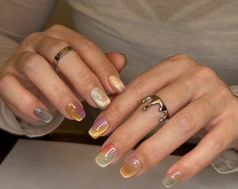 Candy Cat Eye Press On Nails Rainbow Gradient Aurora Winter Dopamine Nails Short Square Nail Almond Round Shape Handmade Gift for Self Care
