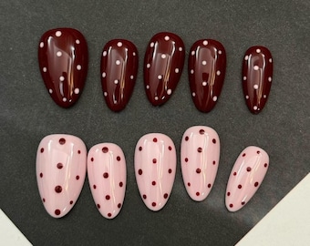 Coquette Polka Dot Press On Nails Burgundy and Pink Nail Art Short Almond Shape Retro Cute Trendy Everyday Look Handmade Reusable Gift Idea