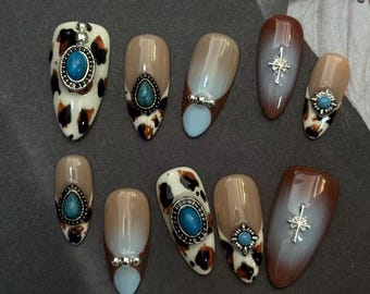 Uñas postizas con estampado de vaca, estilo Y2K indie, estilo vaquera, forma almendrada mediana, duraderas, calidad profesional, ideales para bodas, estilo western, regalo perfecto para Navidad o Navidad.