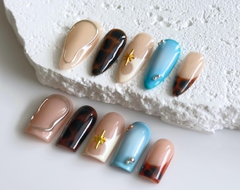 Unghie finte medie a mandorla o quadrate con design tartarugato e dettagli turchesi, oro e argento, french manicure, riutilizzabili, fatte a mano, set per tutti i giorni.