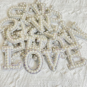 White Pearl Letter Patch – A-Z Rhinestone Alphabet Iron-On Patch – Pearl & Crystal DIY Clothing Patch – Decorative Letter Decals