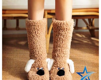 Cartoon Dog Plush Socks: Unisex Winter Non-Slip Floor Socks