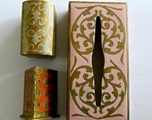 FLORENTINE GROUP,vintage tissue box,TRINKET box and pen holder,wood,hand painted,Renaissance patterns,gold,beige,pumpkin,pink,great gifts
