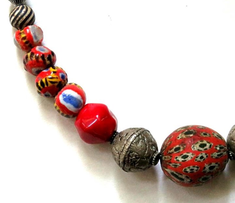 8 KIFFA,3 JATIM,2TIBETAN repoussee,Tribal 17 1/2 necklace, red,silver,black,white,yellow,blue,gray,handmade beads,natural coral,gemstones, image 2