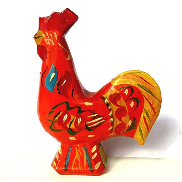 DALA ROOSTER Nils OLSSON,Sweden,handmade hand carved folk art sculpture,4 3/8" high,vintage with label,orange,mustard,green,red,black,beige