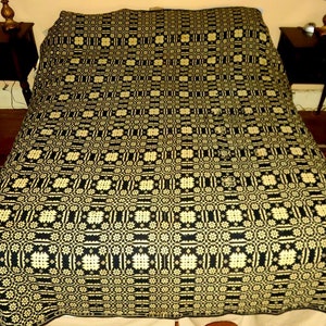1838 DATED ANTIQUE COVERLET,Jacquard reversible,pre Civil War era,94"x76",cotton indigo and ecru,light tan,elegant,bed coverlet,vg condition
