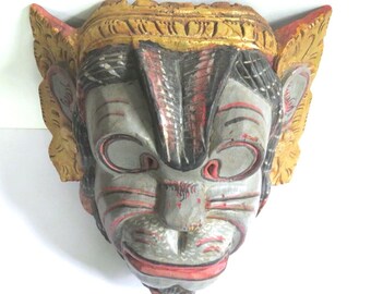 VINTAGE BALI Barong MONKEY Mask,folk art wall display,hand carved wood,hand painted,gold,gray,red,9 1/2" high,1950's,Indonesia sculpture