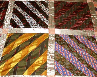 VINTAGE QUILT SILK Ties,silver sashing,80"x64",handmade,vg condition,stripes,leaves,abstract prints,tan,beige,black,burgundy,olive,blue,navy