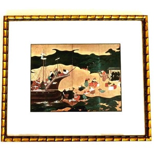 FRAMED JAPANESE PRINT,vintage copy of 17th c. folding screen,Byobu,Kano school,Portuguese Ship arriving in Japan,custom frame 12x14&quot;fine art