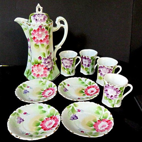 ANTIQUE CHOCOLATE POT shops Set,Japan,4 cups,4 saucers,9 3/4